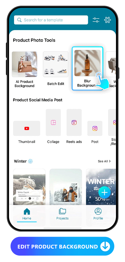 process of editing a product image background with Promeo by blurring the background, adding a white background and removing the background
